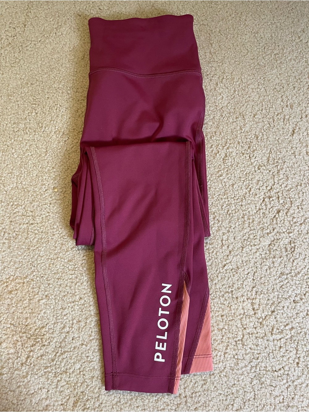 Peloton Medium Maroon Leggings with Coral Accent and Logo